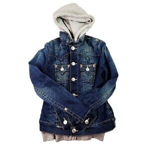 True Religion Jimmy Hooded Denim Jacket Distressed Built In Hoodie Unisex Sz XS